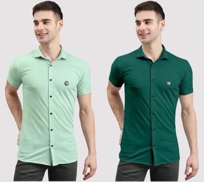 INDICLUB Men Solid Casual Light Green, Dark Green Shirt(Pack of 2)