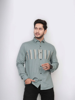 U and J Men Printed Casual Light Green Shirt