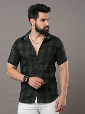 CAZZBA Men Checkered Casual Dark Green Shirt
