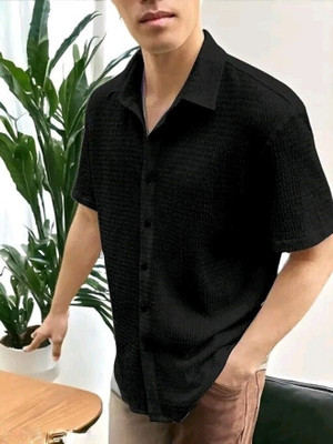 MUNGUS Men Self Design Casual Black Shirt