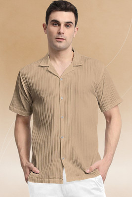 A DEEMOON TREND Men Self Design Casual Cream Shirt