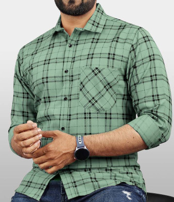 Click Everyday Men Checkered Casual Green Shirt