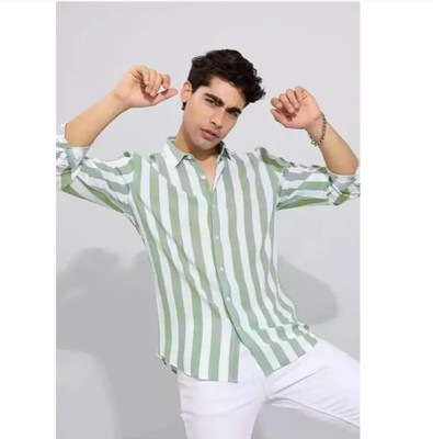 Berry Men Striped Casual Light Green Shirt