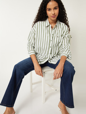 MAX Women Striped Casual Green Shirt
