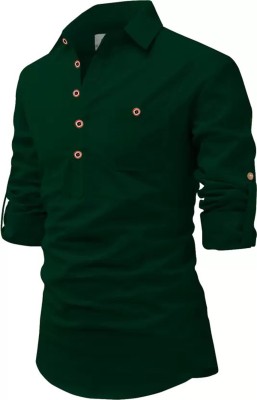 DEEMOON Men Solid Straight Kurta(Dark Green)