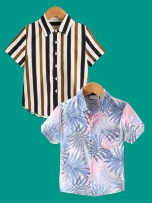 KILLER Boys Striped, Printed Casual Blue Shirt(Pack of 2)