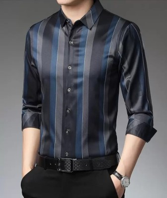 OCtaviAN Men Striped Casual Grey, Black Shirt