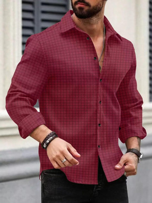 DEEMOON Men Checkered Casual Maroon Shirt