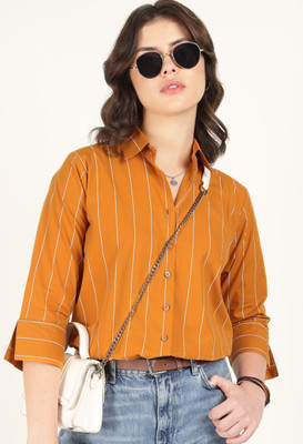 Hancock Women Striped Casual Orange Shirt