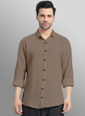 Lyphy Men Self Design Casual Beige Shirt