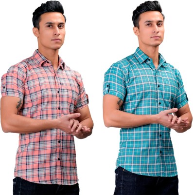 BASE 41 Men Checkered Casual Pink, Light Green Shirt(Pack of 2)