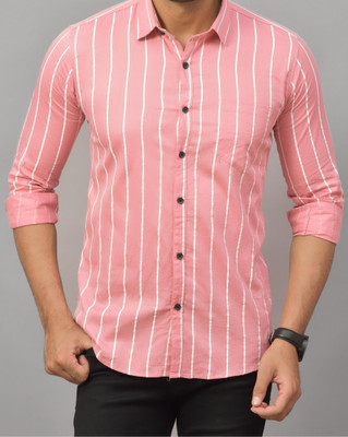 Hems trends Men Striped Casual Pink Shirt