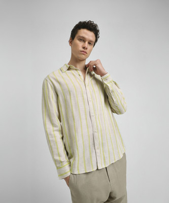 FOREVER 21 Men Striped Casual White, Light Green Shirt