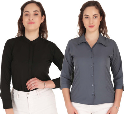 Mamnoon Women Solid Casual Black, Grey Shirt(Pack of 2)