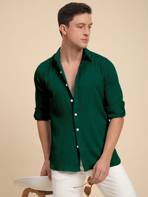 Voroxy Men Solid Casual Dark Green Shirt