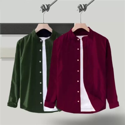 PROTOCOL Men Solid Casual Dark Green, Maroon Shirt(Pack of 2)