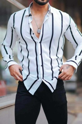 beaded craft art Men Striped Casual White, Black Shirt