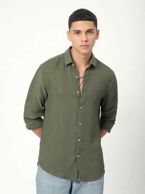 VASTRADO Men Self Design Casual Dark Green Shirt
