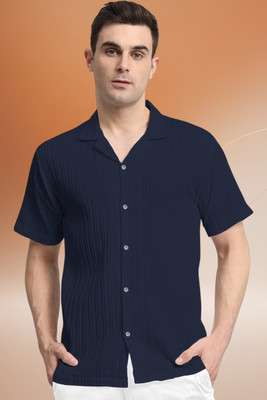 A DEEMOON TREND Men Self Design Casual Dark Blue Shirt