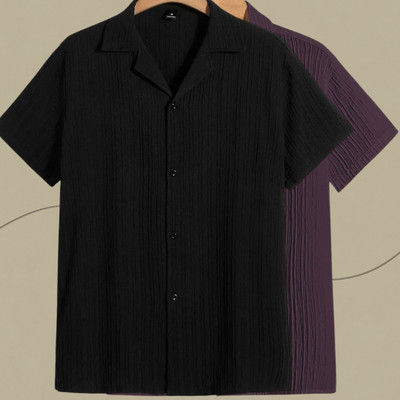 Jenil Fashion Men Self Design Casual Black, Purple Shirt(Pack of 2)