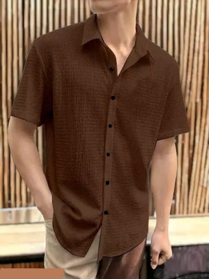 MUMIN Men Self Design Casual Brown Shirt