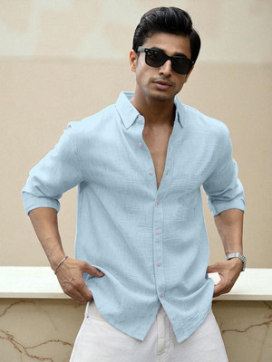 Yanthhi Men Solid Casual Light Blue Shirt