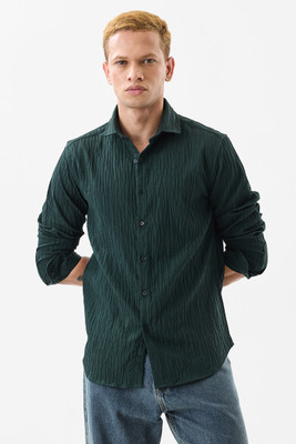 Snitch Men Self Design Casual Dark Green Shirt