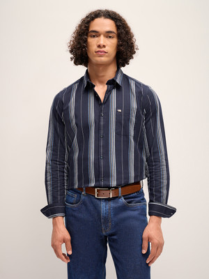 THE BEAR HOUSE Men Striped Casual Dark Blue Shirt