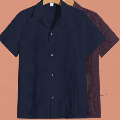 Looksky Men Self Design, Solid Casual Dark Blue, Purple Shirt(Pack of 2)
