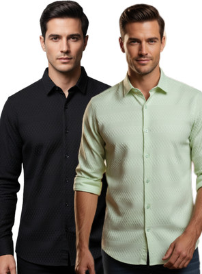 ratric exim Men Self Design Casual Black, Green Shirt(Pack of 2)