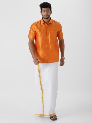 Ramraj Cotton Men Solid Festive Orange Shirt