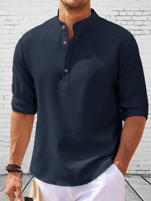 EyeBogler Men Self Design Straight Kurta(Dark Blue)