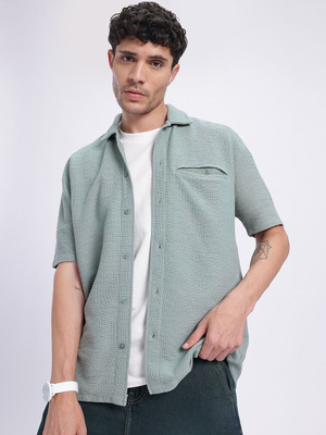 Glitchez Men Self Design Casual Green Shirt