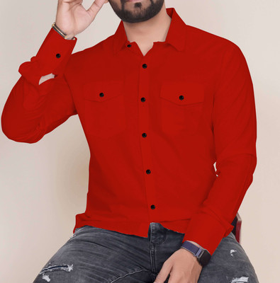 Qlonz Store Men Solid Casual Red Shirt