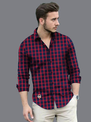 Broon Men Checkered Casual Dark Blue, Orange Shirt