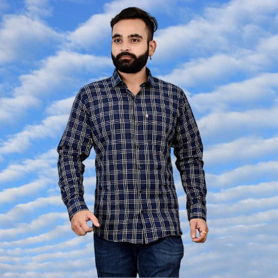 VK WINTER WEAR Men Checkered Casual Dark Blue, White Shirt