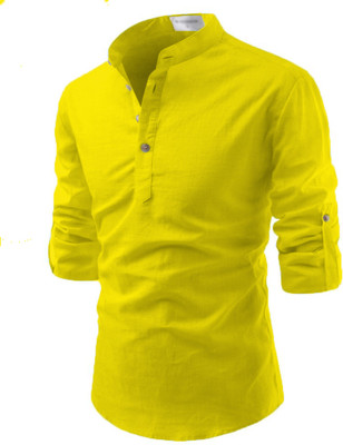 Springberry Men Solid Trail Cut Kurta(Yellow)