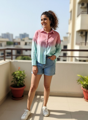 maaesa Women Dyed/Ombre Casual Pink, Light Blue Shirt