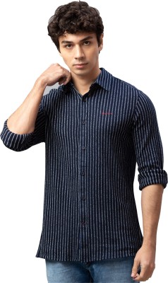 BEING HUMAN Men Striped Casual Dark Blue Shirt