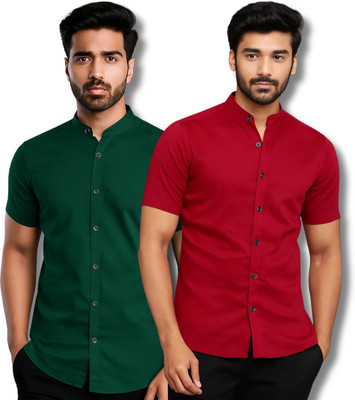 RANGFIT Men Solid Casual Green, Maroon Shirt(Pack of 2)
