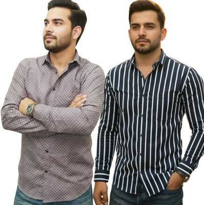 MSSTRU Men Striped, Printed Casual Multicolor Shirt(Pack of 2)