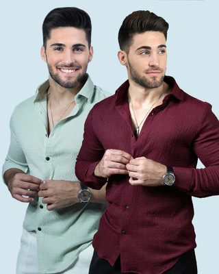 Marmic Fab Men Solid Casual Maroon, Light Green Shirt(Pack of 2)