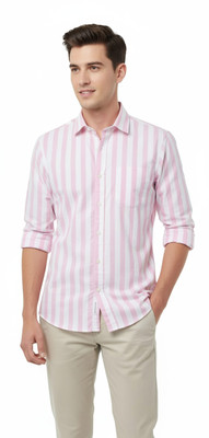 Fashnablewears Men Striped Casual Pink, White Shirt