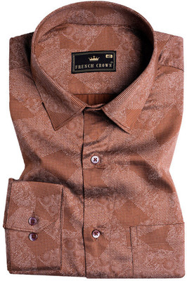 french crown Men Printed Formal Brown, White Shirt
