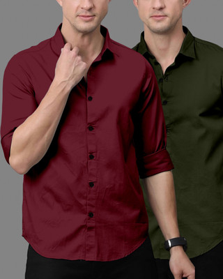 OXXOM Men Solid Casual Green, Maroon Shirt(Pack of 2)