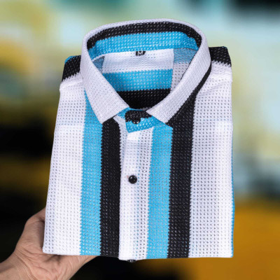 Kyutiman Men Striped Casual Blue Shirt