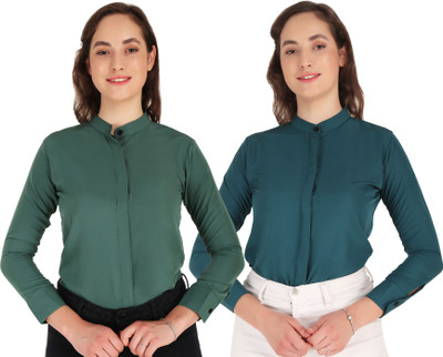 Giggles Women Solid Casual Light Blue, Green Shirt(Pack of 2)