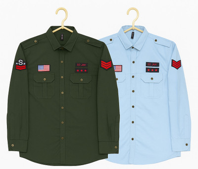 StudShirts Men Embroidered, Solid Casual Dark Green, Blue Shirt(Pack of 2)