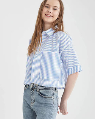 defacto Women Solid Casual Blue Shirt