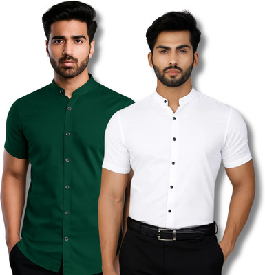 ModeNex Men Solid Casual Green, White Shirt(Pack of 2)